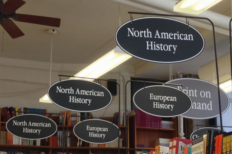 Harvard Book Store interior signage