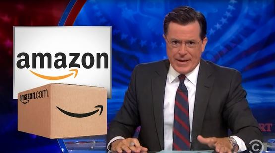 Stephen Colbert, Colbert Report, Amazon box, smirk