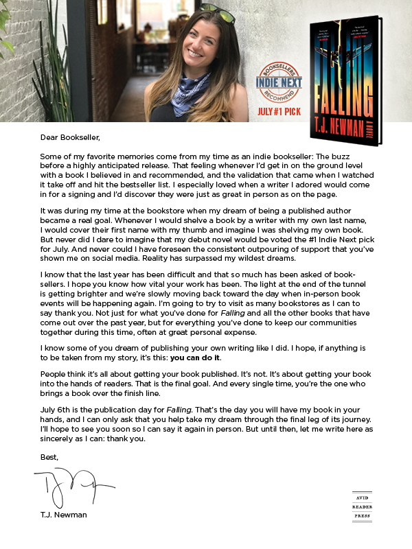 Avid Reader Press / Simon & Schuster: A personal note to booksellers from T. J. Newman